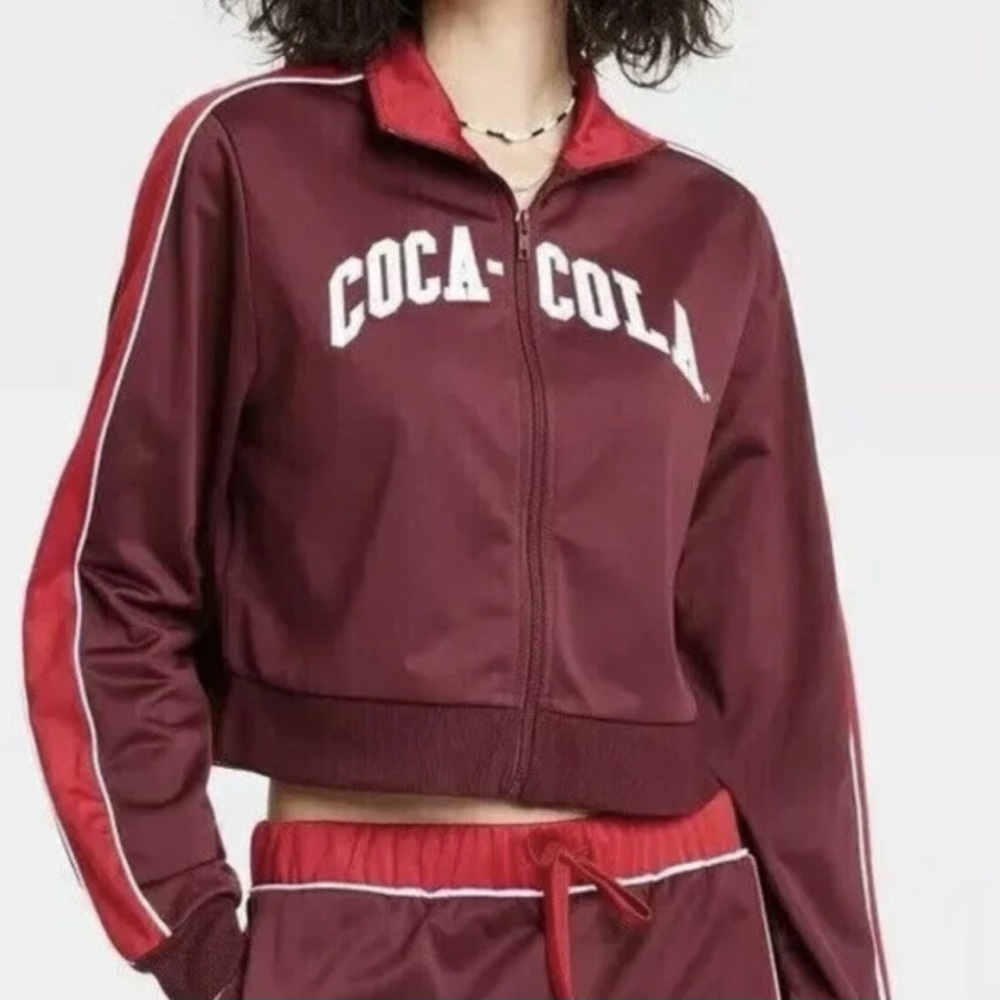 Women's Coca-Cola Graphic Burgundy Red Zip Up Crop Track Jacket Size Large